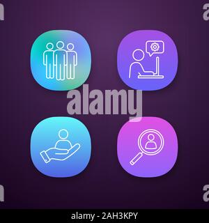 Business Management App Icons einstellen. Team, technische Unterstützung, Mitarbeiter suchen, HR-Management. UI/UX-Benutzeroberfläche. Web oder mobile Anwendungen. Vektor i Stock Vektor