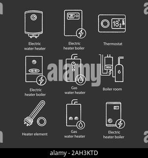 Heizung chalk Symbole gesetzt. Heizkessel, Heizkörper, Thermostat, Heizraum. Gas und elektrische Warmwasserbereiter. Kommerziellen, industriellen und häuslichen Zentralheizung Stock Vektor