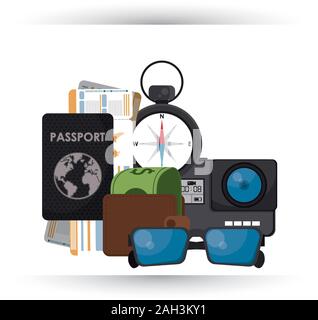 World Travel Szene mit set Symbole Stock Vektor