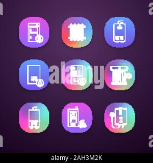 Heizung App Icons einstellen. UI/UX-Schnittstelle. Heizkessel, Heizkörper, Warmwasserbereiter. Gas-, Elektro-, feste Brennstoffe, Pellets, Heizkessel. Kommerzielle, Industrielle und Kuppel Stock Vektor