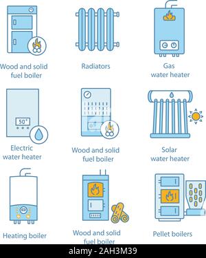 Heizung Color Symbole gesetzt. Heizkessel, Heizkörper, Warmwasserbereiter. Gas-, Elektro-, feste Brennstoffe, Pellets, solar Kessel. Kommerziellen, industriellen und häuslichen Cent Stock Vektor