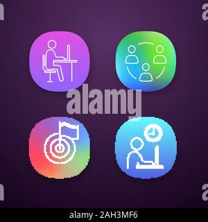 Business Management App Icons einstellen. UI/UX-Benutzeroberfläche. Remote Job, Teamwork, Zielerreichung, Arbeitszeit. Web oder mobile Anwendungen. Vektor isoliert Stock Vektor