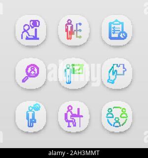 Business Management App Icons einstellen. UI/UX-Benutzeroberfläche. Technischer Live-Chat, Mitarbeiter Skill, Aufgabe Planung, Personal suchen, Präsentation, Lösung, manag Stock Vektor