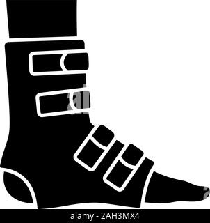 Foot ankle Brace glyph Icon. Fuß Orthese. Bein abstützen. Einstellbare Sprunggelenk Bandage. Silhouette Symbol. Gelenkschmerzen, Muskel verstauchung Behandlung. Stock Vektor