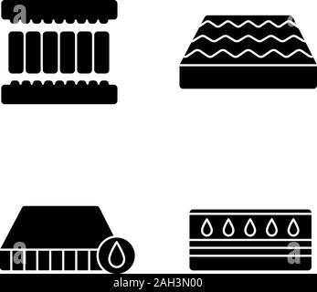 Orthopädische Matratze Glyphe Symbole gesetzt. Wasserdicht, Wassermatratze, Memory Foam Füller. Silhouette Symbole. Vektor isoliert Abbildung Stock Vektor