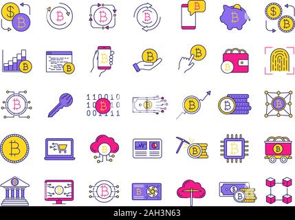 Bitcoin cryptocurrency farbige Symbole gesetzt. Digitales Geld. Crypto Währung. Bergbau. Bitcoin Handel. Isolierte Vektorgrafiken Stock Vektor