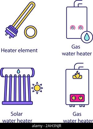Heizung Color Symbole gesetzt. Strom und Gas Wasser Heizungen, Heizkessel, Warmwasserbereiter. Isolierte Vektorgrafiken Stock Vektor