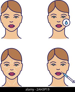 Neurotoxin Injektion farbige Symbole gesetzt. Frau Gesicht, Entfernen von Make-up, Mimikfalten, Lippen Injektion. Isolierte Vektorgrafiken Stock Vektor