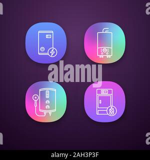 Heizung App Icons einstellen. UI/UX-Benutzeroberfläche. Elektroboiler, Gas und Electric tankless Water Heater, Festbrennstoffkessel. Web oder mobile Anwendungen. V Stock Vektor