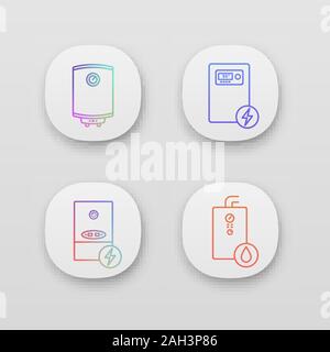 Heizung App Icons einstellen. UI/UX-Benutzeroberfläche. Zentralheizung. Strom und Gas Wasser Heizung und Heizkessel. Web oder mobile Anwendungen. Ve Stock Vektor