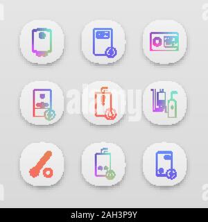 Heizung App Icons einstellen. UI/UX-Schnittstelle. Heizkessel, Heizkörper, Thermostat, Heizraum. Gas und elektrische Warmwasserbereiter. Gewerbliche, Industrielle, inländische Cen Stock Vektor