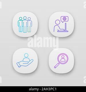 Business Management App Icons einstellen. Team, technische Unterstützung, Mitarbeiter suchen, HR-Management. UI/UX-Benutzeroberfläche. Web oder mobile Anwendungen. Vektor i Stock Vektor