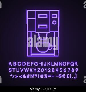 Kaffeemaschine Neonlicht Symbol. Elektrischer Kaffeemaschine. Coffee House oder Cafe Gerät. Leuchtende Zeichen mit Alphabet, Zahlen und Symbolen. Vektor isoliert Stock Vektor