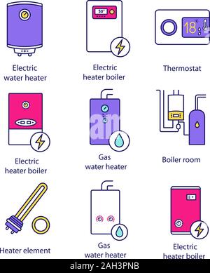 Heizung Color Symbole gesetzt. Heizkessel, Heizkörper, Thermostat, Heizraum. Gas und elektrische Warmwasserbereiter. Kommerziellen, industriellen und häuslichen Zentralheizung Stock Vektor
