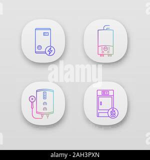 Heizung App Icons einstellen. Elektroboiler, Gas und Electric tankless Water Heater, Festbrennstoffkessel. UI/UX-Benutzeroberfläche. Web oder mobile Anwendungen. V Stock Vektor