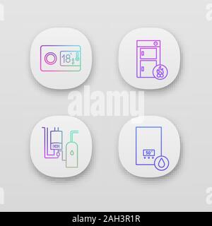 Heizung App Icons einstellen. UI/UX-Benutzeroberfläche. Digitaler Thermostat, Festbrennstoffkessel, Heizraum, elektrische Warmwasserbereiter. Web oder mobile Anwendungen. Ve Stock Vektor