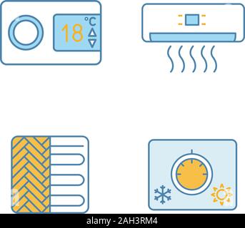 Klimaanlage Farbe Symbole gesetzt. Digitaler Thermostat, Klimaanlage, Fußbodenheizung, Klima Control-Knopf. Isolierte Vektorgrafiken Stock Vektor