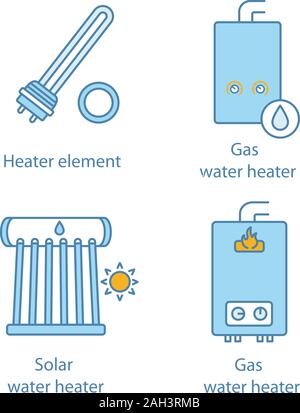 Heizung Color Symbole gesetzt. Strom und Gas Wasser Heizungen, Heizkessel, Warmwasserbereiter. Isolierte Vektorgrafiken Stock Vektor