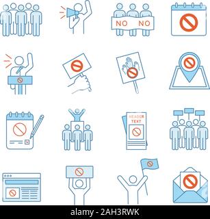 Protestaktion farbige Symbole gesetzt. Massendemonstrationen. Das politische Verhalten. Soziale und politische Bewegungen. Demokratie und Schutz der Menschenrechte. Isola Stock Vektor