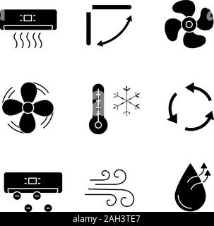 Klimaanlage Glyphe Symbole gesetzt. Klimaanlage, Lamellen, Auspuffanlage Ventilator, Ventilator, winter Temperatur, Belüftung, Ionisator, Luftstrom, Befeuchtung Stock Vektor