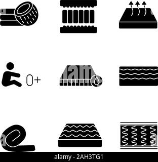 Matratze Glyphe Symbole gesetzt. Kokos, Memory Foam Füller, wasserdicht, orthopädische, Frühling, federlosen Roll up, atmungsaktiv, Matratzen für Neugeborene. S Stock Vektor