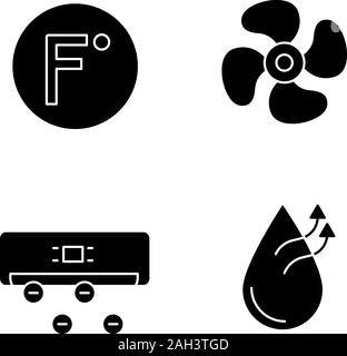 Klimaanlage Glyphe Symbole gesetzt. Fahrenheit Grad, Abluftventilator, Ionisator, Luftbefeuchtung. Silhouette Symbole. Vektor isoliert Abbildung Stock Vektor