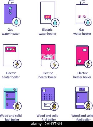 Heizung Color Symbole gesetzt. Gas-, Elektro-, feste Brennstoffe, Heizkessel und Warmwasserbereiter. Kommerziellen, industriellen und häuslichen Zentralheizungsanlagen. Isolierte ve Stock Vektor