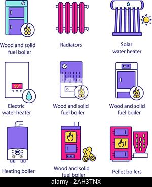Heizung Color Symbole gesetzt. Heizkessel, Heizkörper, Warmwasserbereiter. Gas-, Elektro-, feste Brennstoffe, Pellets, solar Kessel. Kommerziellen, industriellen und häuslichen Cent Stock Vektor