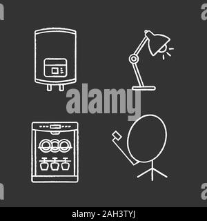 Haushaltsgeräte chalk Symbole gesetzt. Elektrische Warmwasserbereiter, Tischleuchte, Spülmaschine, Sat-Schüssel. Isolierte vektor Tafel Abbildungen Stock Vektor