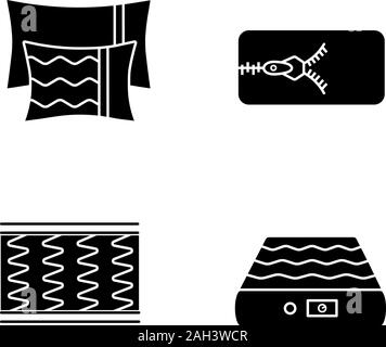 Orthopädische Matratze Glyphe Symbole gesetzt. Kissen, abnehmbare Abdeckung, Feder und Luftmatratzen. Silhouette Symbole. Vektor isoliert Abbildung Stock Vektor