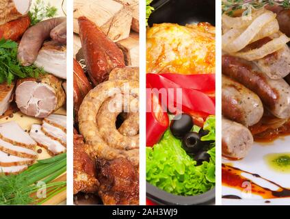 Collage aus verschiedenen Wurst, Fleisch und Grüns Stockfoto