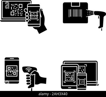 Barcodes Glyphe Symbole. Paket Barcode scannen, QR-Codes auf verschiedenen Geräten, Handheld Barcode Scanner, Scanner App. Silhouette Symbole. Vektor isol Stock Vektor