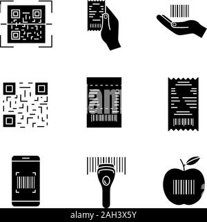 Barcodes Glyphe Symbole gesetzt. QR und linearen Codes scannen App, Gerät, Geldeingang, Barcode in der Hand, Papier prüfen, Produkt Barcode. Silhouette Symbole. Stock Vektor