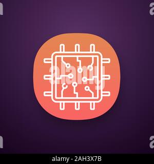 Prozessor mit elektronischen Schaltungen App Symbol. UI/UX-Schnittstelle. Mikroprozessor mit Mikroschaltungen. Chip, Chip, Chipsatz. CPU. Zentrale Verarbeitung. In Stock Vektor