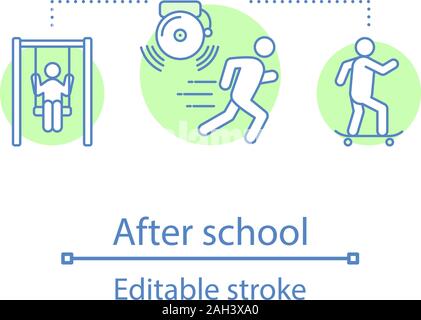 Nach der Schule Aktivitäten Konzept Symbol. Kinder Freizeit. Kinder Unterhaltung. Kindheit Idee dünne Linie Abbildung. Schule brechen. Vektor isoliert Stock Vektor
