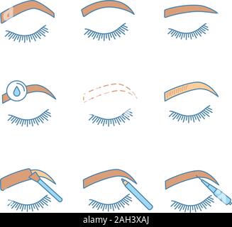 Augenbrauen Gestaltung farbige Symbole gesetzt. Steil gewölbten, abgerundete, gerade Augenbrauen, Entfernen von Make-up, microblading, Tätowierung, Augenbrauen Konturierung, Tönung mit Pe Stock Vektor