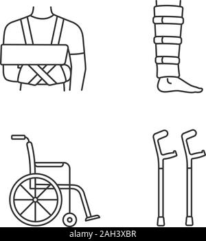 Trauma Behandlung lineare Symbole gesetzt. Schulter Wegfahrsperre, shin Brace, Rollstuhl, Ellenbogen Krücken. Thin Line Kontur Symbole. Isolierte vektor Kontur il Stock Vektor