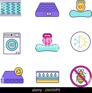 Matratze Farbe Symbole gesetzt. Feder-, Luft, maschinenwaschbar, dual Saison, recyclebar, wasser, antiallergische Matratze mit Gewicht bis zu 100 und 140 kg. Stock Vektor