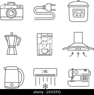 Gerät lineare Symbole gesetzt. Foto Kamera, Kabel Stecker, multi-Herd, Kaffeemaschine, Dunstabzugshaube, Wasserkocher, Kaffeemaschine, Klimaanlage, Nähmaschine. Stock Vektor