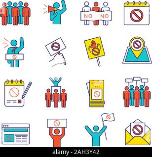 Protestaktion farbige Symbole gesetzt. Massendemonstrationen. Das politische Verhalten. Soziale und politische Bewegungen. Demokratie und Schutz der Menschenrechte. Isola Stock Vektor