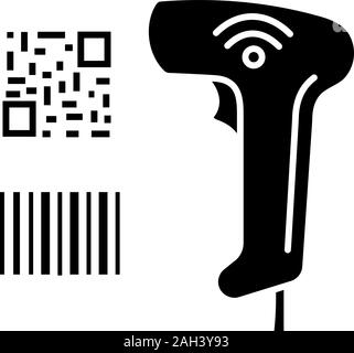 Barcode- und QR-Code scanner Glyph icon. Wlan Barcodes Handheld reader. QR-Codes, Barcodes lesen Gerät. Store, Shop, Supermarkt. Silhouette Symbol. Stock Vektor