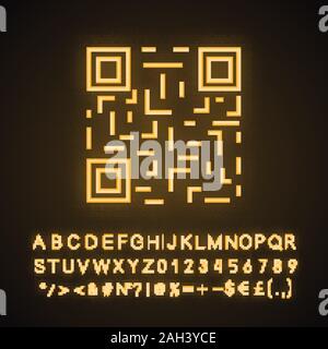 QR-Code Neonlicht Symbol. Matrix Barcode Identifikation. 2D-Codes. Zweidimensionale Barcodes. Leuchtende Zeichen mit Alphabet, Zahlen und Symbolen. Vektor Stock Vektor