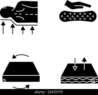 Orthopädische Matratze Glyphe Symbole gesetzt. Zurück support, Material Latex, dual Saison Matratze, atmungsaktiv. Silhouette Symbole. Vektor isoliert illustr Stock Vektor