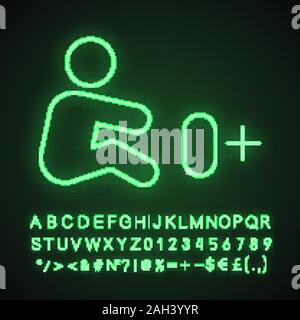 Für Kinder von der Geburt Neonlicht Symbol erlaubt. Neugeborenes Baby Produkte. 0+. Leuchtende Zeichen mit Alphabet, Zahlen und Symbolen. Sicher für Kinder. Ab 0 Mon Stock Vektor