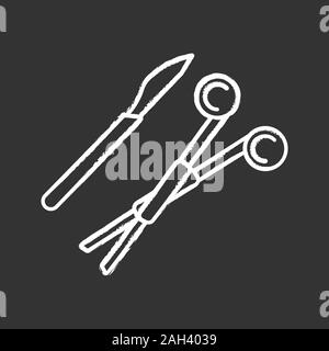 Chirurgisches Skalpell und Schelle chalk Symbol. Chirurgische Werkzeuge. Chirurgie Instrumente. Isolierte vektor Tafel Abbildung Stock Vektor