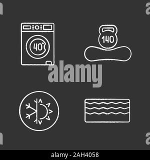 Orthopädische Matratze chalk Symbole gesetzt. Maschinenwäsche, dual Jahreszeit, Bauschlosser, Gewicht bis zu 140 kg. Isolierte vektor Schiefertafel illust Stock Vektor