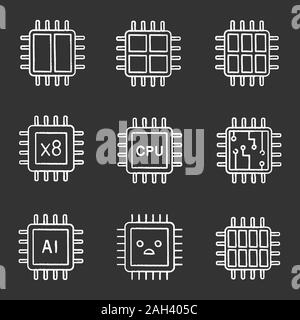 Prozessoren chalk Symbole gesetzt. Dual, Octa, Quad, 6 Chips, CPU, traurig-Prozessor, integrierter Schaltkreis, AI-Mikroprozessor. Isolierte vektor Schiefertafel il Stock Vektor