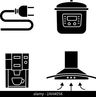Haushaltsgeräte Glyphe Symbole gesetzt. Netzstecker, multicooker, Kaffeemaschine, Dunstabzugshaube. Silhouette Symbole. Vektor isoliert Abbildung Stock Vektor