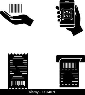 Barcodes Glyphe Symbole gesetzt. Lineare Barcodes in der Hand, QR-Codes scannen App, Geldeingang, ATM-Papier prüfen. Silhouette Symbole. Vektor isoliert illustrati Stock Vektor