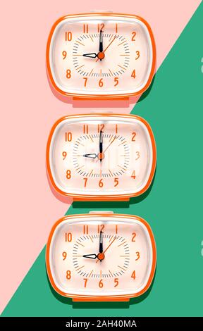 3D-Illustration, Reihe von orange Wecker um neun Uhr auf Rosa und Mint Grüner Hintergrund Stockfoto